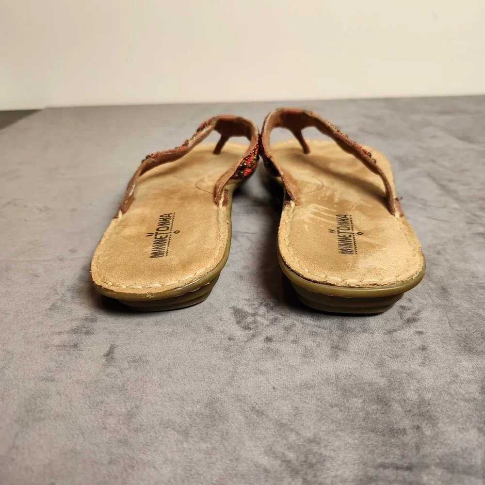 Minnetonka Ibiza Beaded Aztec Boho Orange Sandals Womens 10 Suede Leather Thong